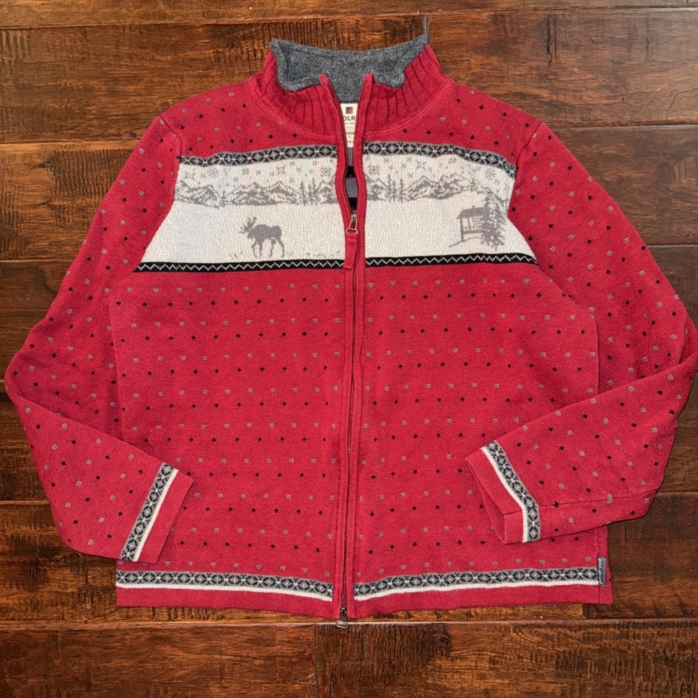 WOOLRICH Vintage Ruby Red Zip Cardigan Winter Scene Size Large